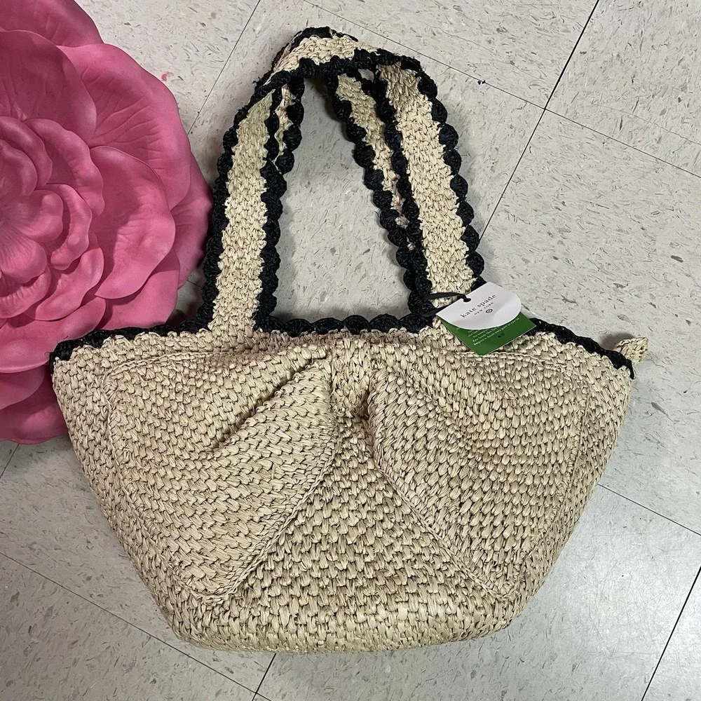 KATE SPADE x TARGET Raffia Bow Tote‎ Bag Woven Natural Black Boho Romantic Vacay